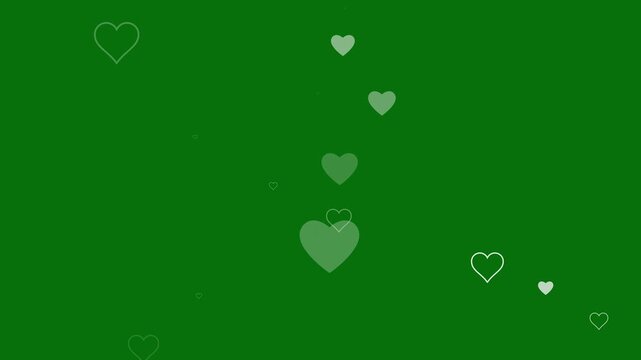 White hearts flying on green background. Glowing sparkle hearts flying animation for valentine loop, fast glowing hearts streaks, white shimmer particles overlay in 4k