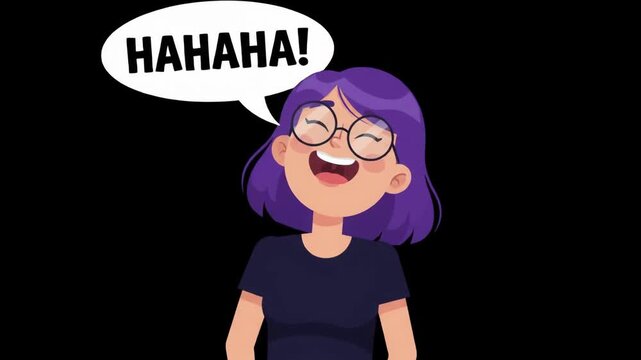 Young woman with purple hair laughing out loud with a speech bubble saying "HAHAHA!" above her head, expressing joy and humor.