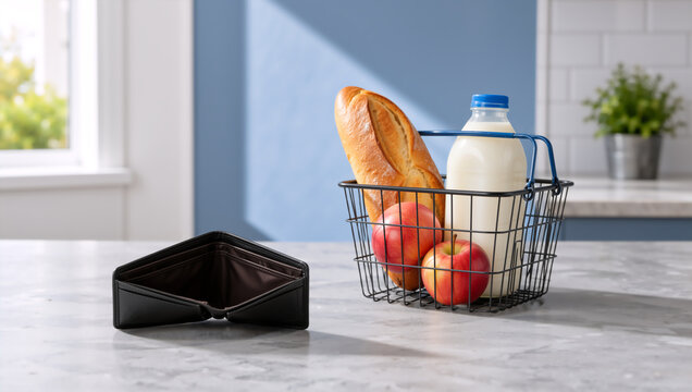Empty black wallet next to a grocery basket with bread, milk, and apples. Inflation and high cost of living concept in a kitchen