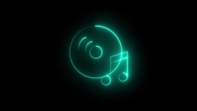 Futuristic Glowing Cyan Neon Compact Disc Vinyl Album with Musical Notes Icon Symbolizing Audio Track Sound Media Player Concept on Black Background.