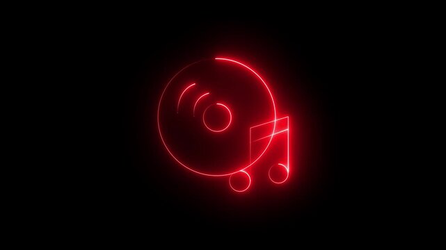 Futuristic Glowing Red Neon Compact Disc Vinyl Album with Musical Notes Icon Symbolizing Audio Track Sound Media Player Concept on Black Background.