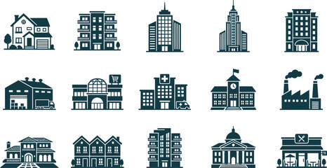 Fototapeta premium A diverse collection of architectural building styles including residential houses modern apartments and towering skyscrapers presented in a clean flat vector illustration style
