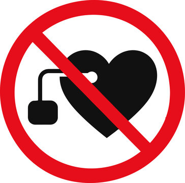 Prohibition sign with pacemaker and heart vector icon
