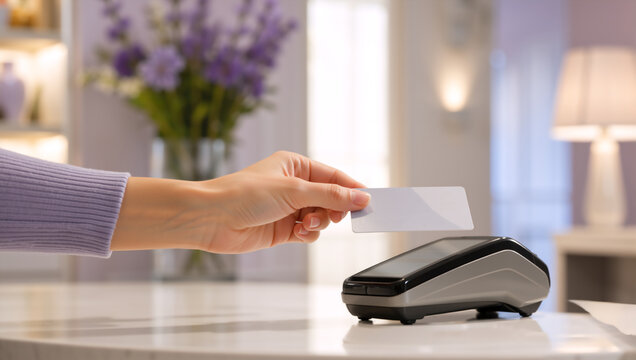 Contactless payment with card at terminal on counter. Close up of hand paying with credit card at hotel reception or retail store
