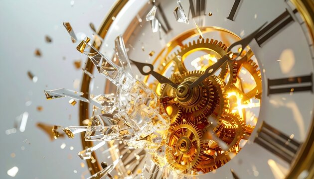 Broken crystal clock face exploding outward to reveal intricate golden internal gears