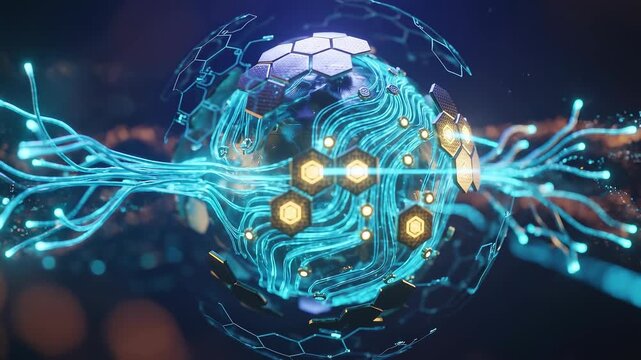 Futuristic Digital Sphere with Glowing Circuitry and Hexagonal Patterns for Technology Concepts