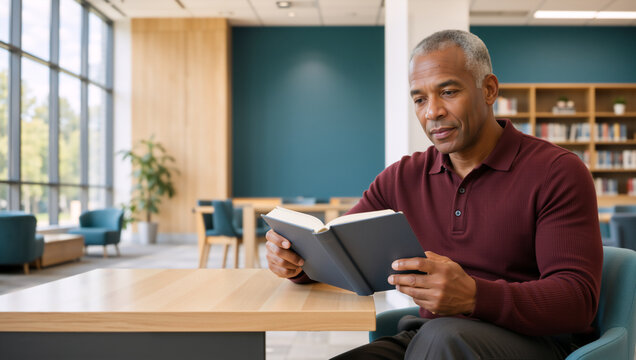Mature Black man reading a book at a wooden table in a library. Focused African American male student studying in a modern university library or quiet workspace