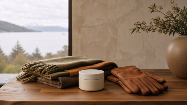 Winter skincare cream jar with leather gloves and wool scarf on a wooden table. Cozy autumn cosmetics still life by a window with lake view