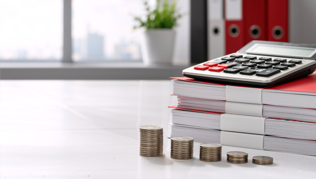 Stacks of coins with calculator and documents on office desk. Financial planning and budget savings concept. Business accounting and tax calculation