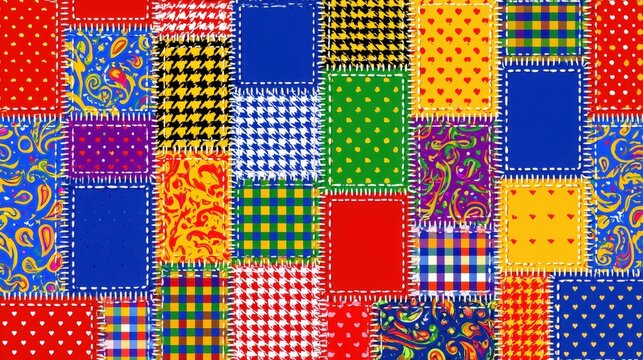 Vibrant patchwork quilt pattern featuring various colorful fabric squares with diverse geometric and floral prints. Perfect background for creative crafts and sewing projects.