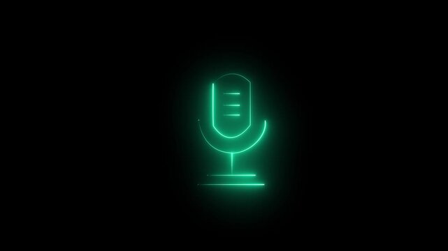 Glowing neon green icon of a vintage studio microphone on a desktop stand against a black background. Animated audio recording active indicator, voice command input HUD, podcast transmission signal.