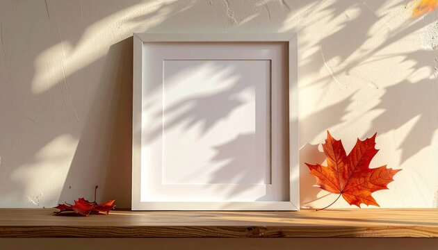 Blank white picture frame on wooden shelf with subtle maple leaf shadows cast across interior wall
