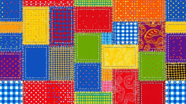 Colorful patchwork fabric texture with various patterns and stitched seams. A vibrant textile background design for creative craft and sewing projects.