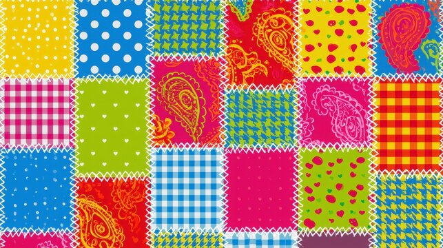 Colorful patchwork quilt texture with vibrant textile patterns and zigzag stitching. Perfect for creative crafting background or cheerful fabric design concepts.