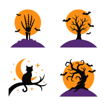 Silhouettes halloween icons set with spooky cat and haunted trees