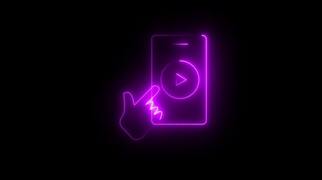 Glowing neon purple icon of a smartphone displaying a central play button emblem with a hand cursor touching the screen against a black background. 