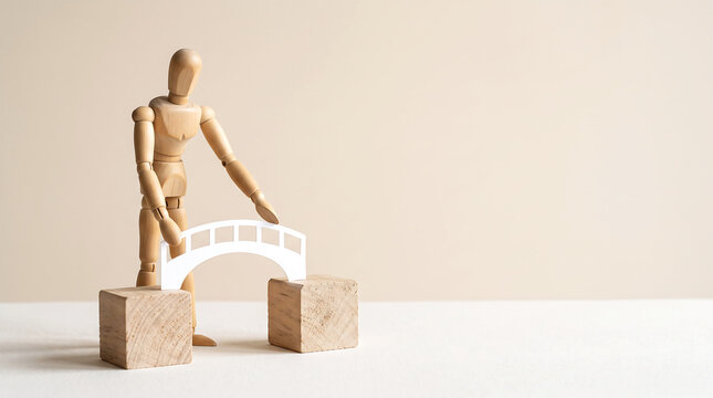 Marketing team KPI bridge analysis and performance management concept with wooden mannequin connecting wooden blocks with paper bridge for presentation banner
