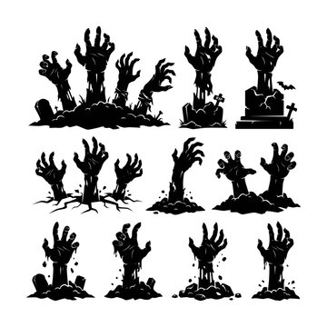 Silhouettes halloween zombie hands rising from graves vector set