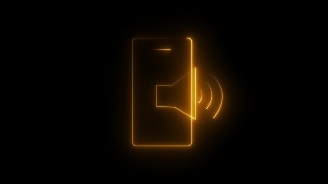 Glowing neon icon of a smartphone displaying an active speaker emblem with expanding soundwaves emanating from the side against a black background. 