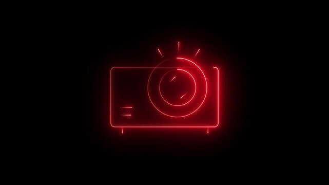 Glowing neon red icon of a video projector featuring a prominent illuminated lens with light rays emitting from the top against a black background. Animated media presentation display, cinema project