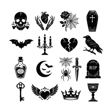 Silhouettes halloween gothic occult and spooky vector icons set