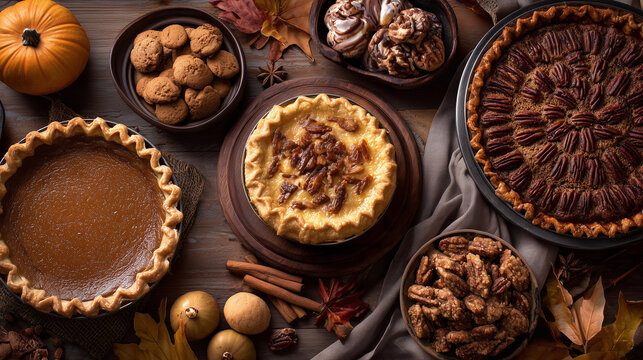 Photorealistic overhead flat lay featuring pumpkin pie, pecan pie, apple pie, cinnamon cookies and autumn decorations, warm rustic Thanksgiving table, sophisticated commercial dessert photography