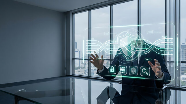 Businessman interacting with futuristic cybersecurity interface screen in modern office, featuring central network shield protection, padlock encryption, firewall safety, biometric fingerprint authent