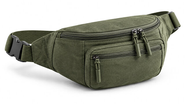 Green waist bag with zippered pockets and adjustable strap isolated on white background.
