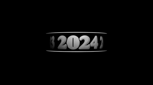 Metallic monochrome animated odometer counter displaying rapidly scrolling 2020-to-2024-year digits within a cylindrical display slot against a black background. Animated timeline milestone tracker