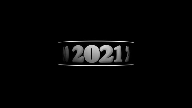Metallic monochrome animated odometer counter displaying rapidly scrolling 2027-to-2021-year digits within a cylindrical display slot against a black background. Animated timeline milestone tracker