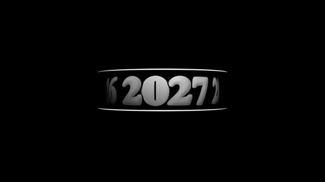Metallic monochrome animated odometer counter displaying rapidly scrolling 2023-to-2027-year digits within a cylindrical display slot against a black background. Animated timeline milestone tracker