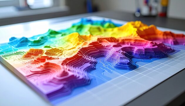 Three-dimensional printed topographical landscape map with rainbow colors and white grid lines on laboratory desk