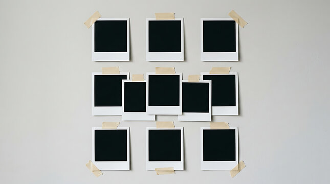 Blank instant film frames attached with adhesive tape on a plain light grey wall background with arranged grid pattern wall pieces masking