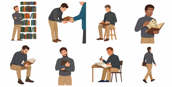 Character set of men reading and interacting with books. Vector illustration collection of book lovers, students, and bibliophiles in various poses.