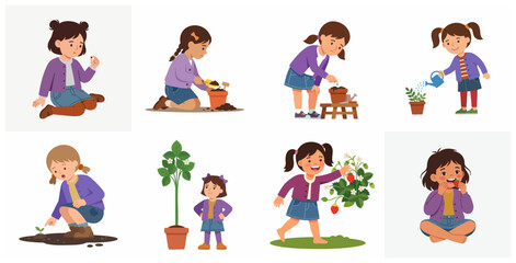 Fototapeta premium Little girl gardening set showing planting, watering, and harvesting strawberries cartoon illustration