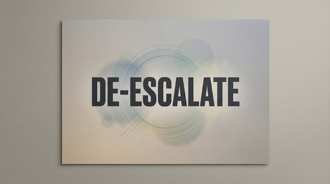 A conceptual de-escalate sign mounted on a modern wall representing conflict resolution and peace.