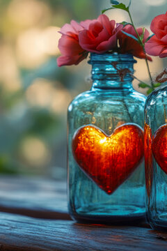 Pair of decorative jars with red heart designs, perfect for Valentine's Day or romantic decor vertical frame