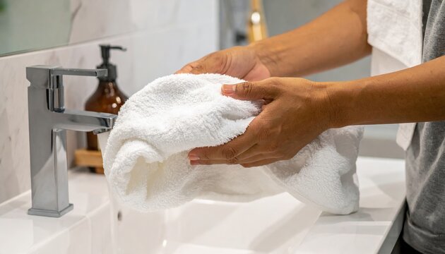 Female hands drying wet skin with thick white cotton towel above bathroom sink during morning routine