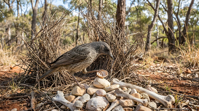 Satin Bowerbird Decorating Nest with Shell and Bones in Australian Bushland