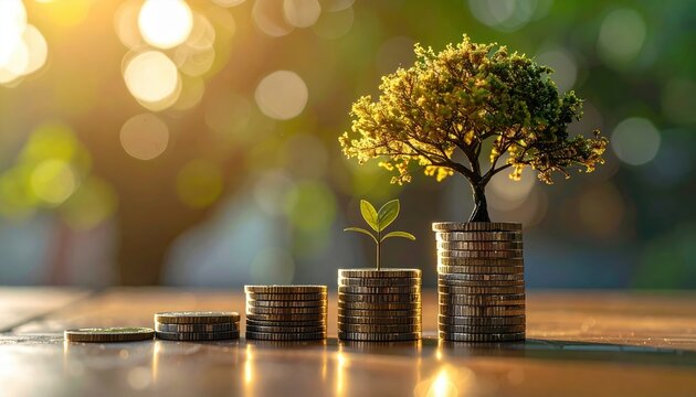 Golden metallic tree growing from stacked silver coins on polished wooden desk representing financial growth and wealth