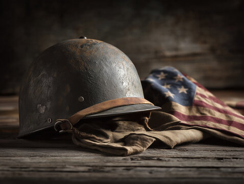 Generic vintage-style military helmet beside a folded American flag on a weathered wooden table, dramatic soft studio lighting, dignified Veterans Day remembrance concept, realistic metal texture