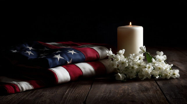 Minimalist memorial arrangement featuring a folded American flag, one white candle and a small bouquet of white flowers on a dark wooden table, soft directional light, dignified Veterans Day concept