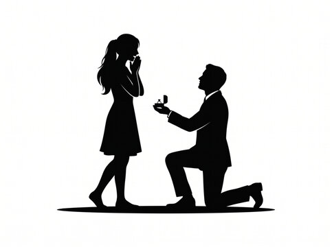 Man proposing marriage with ring to woman in black silhouette