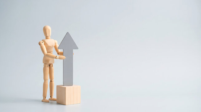 Marketing team KPI business growth analysis and performance management concept with wooden mannequin holding upward arrow with copy space for banner