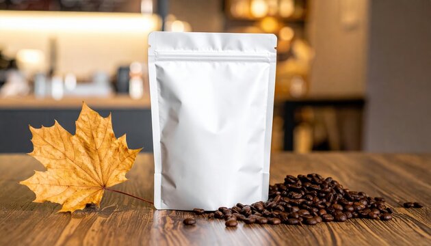 Blank white foil pouch beside roasted espresso beans and dry maple leaf in cafe