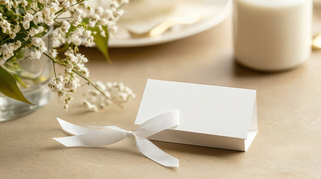 Elegant blank place card with satin ribbon, surrounded by delicate flowers and soft candlelight ambiance, perfect for events