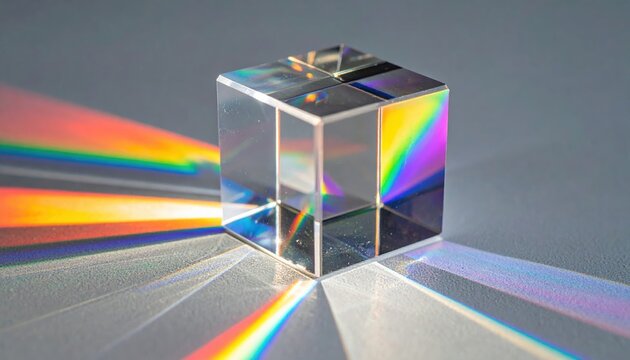 Glass prism cube splitting white light into colorful rainbow across optical breadboard beside RGB glass filters