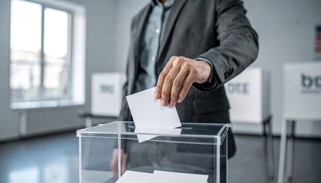 Person placing paper ballot into transparent voting box inside modern polling station during democratic election