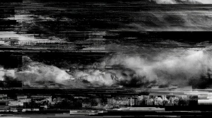 Obraz premium Abstract digital glitch art with black and white monochrome noise texture. Perfect for sci-fi backgrounds or technical error concept designs.