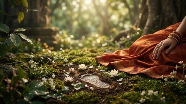 Siddhartha Gautama origin: nature worship, sacred footprint, divine birth, blooming lotus, ancient tradition, spiritual peace, forest setting, serene morning.